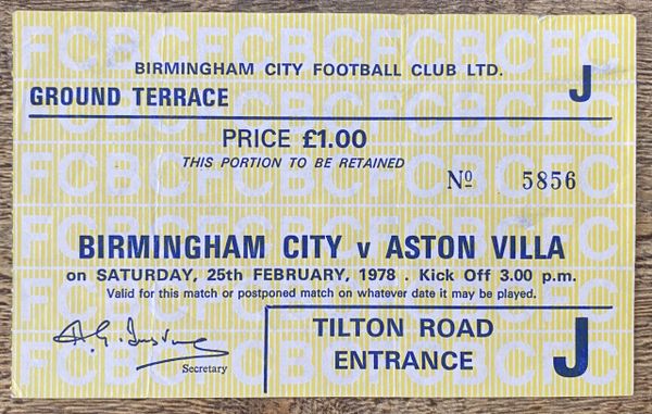 1977/78 ORIGINAL DIVISION 1 TICKET BIRMINGHAM CITY V ASTON VILLA