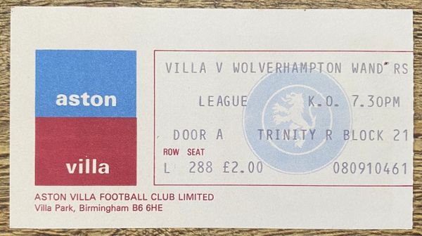 1977/78 ORIGINAL DIVISION 1 TICKET ASTON VILLA V WOLVERHAMPTON WANDERERS