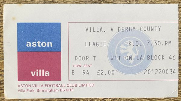 1976/77 ORIGINAL DIVISION 1 TICKET ASTON VILLA V DERBY COUNTY