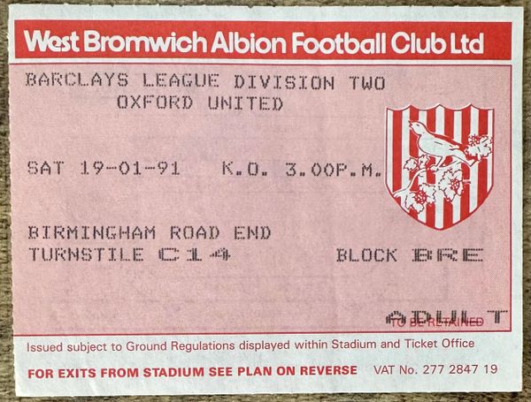 1990/91 ORIGINAL DIVISION TWO TICKET WEST BROMWICH ALBION V OXFORD UNITED