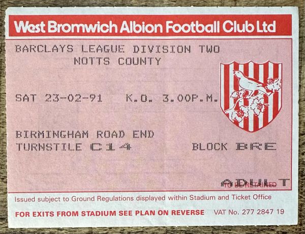 1990/91 ORIGINAL DIVISION TWO TICKET WEST BROMWICH ALBION V NOTTS COUNTY