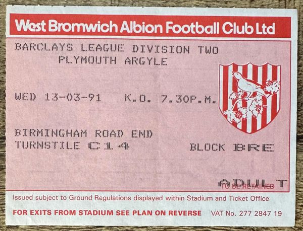 1990/91 ORIGINAL DIVISION TWO TICKET WEST BROMWICH ALBION V PLYMOUTH ARGYLE