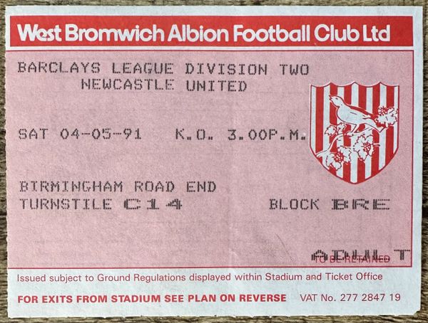 1990/91 ORIGINAL DIVISION TWO TICKET WEST BROMWICH ALBION V NEWCASTLE UNITED