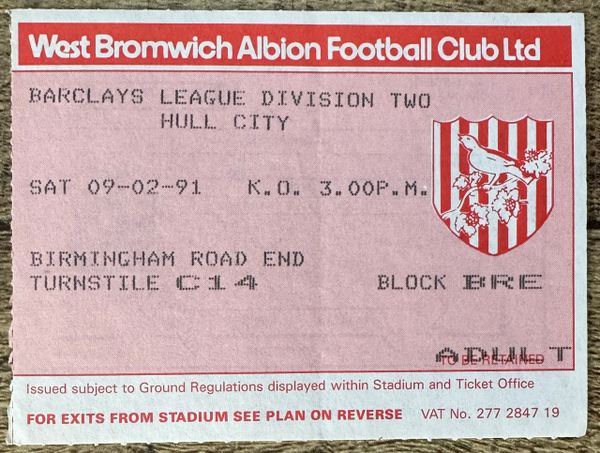 1990/91 ORIGINAL DIVISION TWO TICKET WEST BROMWICH ALBION V HULL CITY