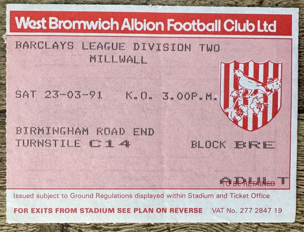 1990/91 ORIGINAL DIVISION TWO TICKET WEST BROMWICH ALBION V MILLWALL