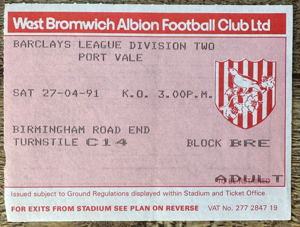 1990/91 ORIGINAL DIVISION TWO TICKET WEST BROMWICH ALBION V PORT VALE