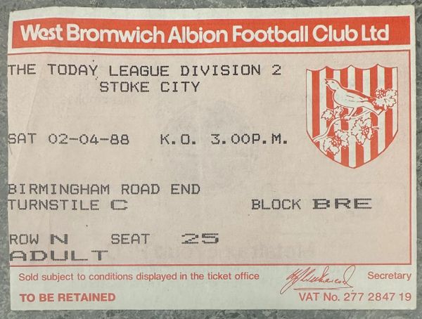 1987/88 ORIGINAL DIVISION TWO TICKET WEST BROMWICH ALBION V STOKE CITY