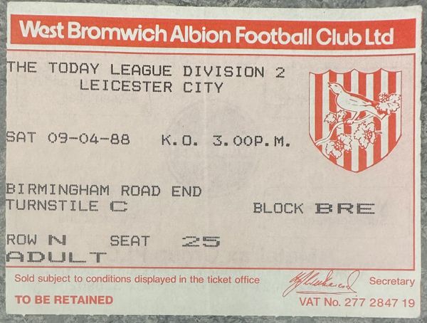 1987/88 ORIGINAL DIVISION TWO TICKET WEST BROMWICH ALBION V LEICESTER CITY