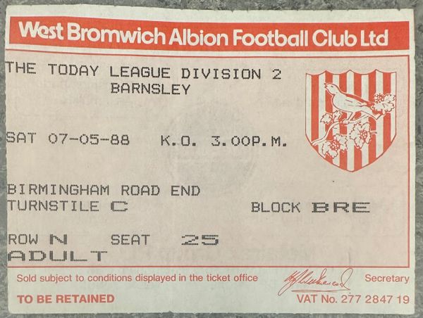 1987/88 ORIGINAL DIVISION TWO TICKET WEST BROMWICH ALBION V BARNSLEY