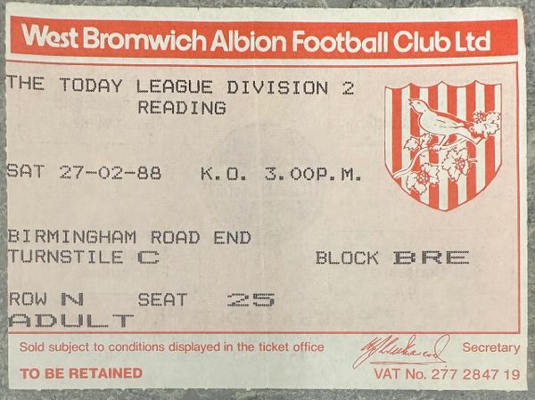 1987/88 ORIGINAL DIVISION TWO TICKET WEST BROMWICH ALBION V READING