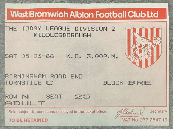 1987/88 ORIGINAL DIVISION TWO TICKET WEST BROMWICH ALBION V MIDDLESBROUGH