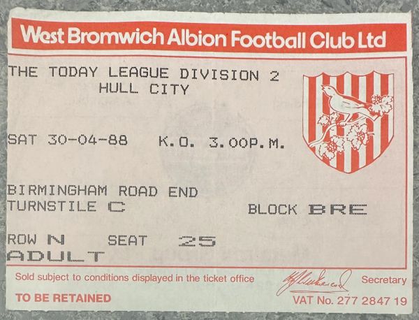 1987/88 ORIGINAL DIVISION TWO TICKET WEST BROMWICH ALBION V HULL CITY