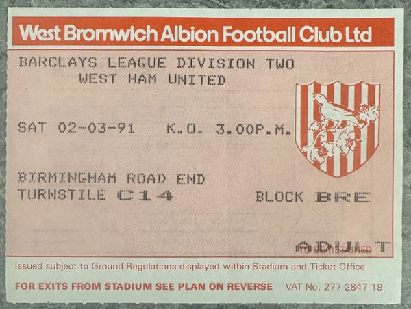 1990/91 ORIGINAL DIVISION TWO TICKET WEST BROMWICH ALBION V WEST HAM UNITED