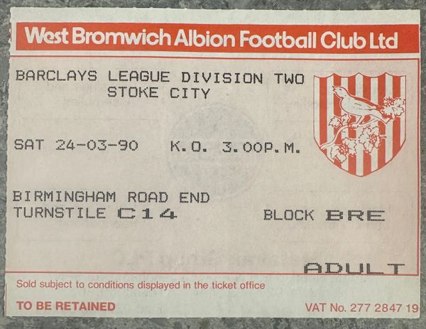 1989/90 ORIGINAL DIVISION TWO TICKET WEST BROMWICH ALBION V STOKE CITY