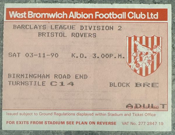 1990/91 ORIGINAL DIVISION TWO TICKET WEST BROMWICH ALBION V BRISTOL ROVERS