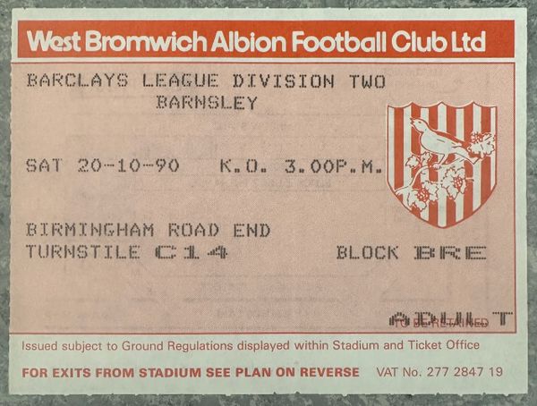 1990/91 ORIGINAL DIVISION TWO TICKET WEST BROMWICH ALBION V BARNSLEY