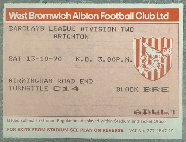 1990/91 ORIGINAL DIVISION TWO TICKET WEST BROMWICH ALBION V BRIGHTON AND HOVE ALBION