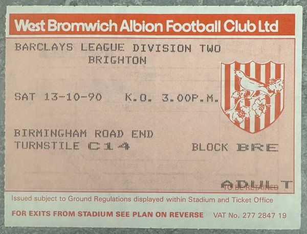 1990/91 ORIGINAL DIVISION TWO TICKET WEST BROMWICH ALBION V BRIGHTON AND HOVE ALBION