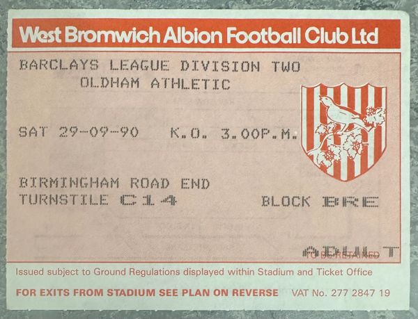 1990/91 ORIGINAL DIVISION TWO TICKET WEST BROMWICH ALBION V OLDHAM ATHLETIC