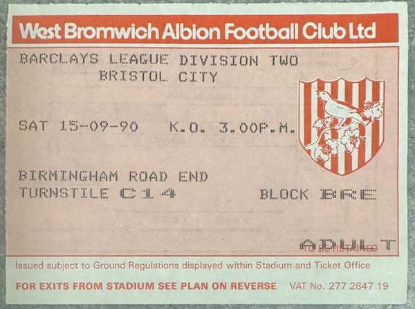 1990/91 ORIGINAL DIVISION TWO TICKET WEST BROMWICH ALBION V BRISTOL CITY