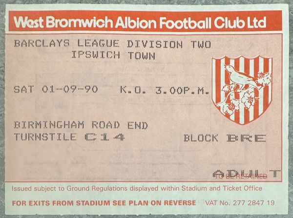 1990/91 ORIGINAL DIVISION TWO TICKET WEST BROMWICH ALBION V IPSWICH TOWN