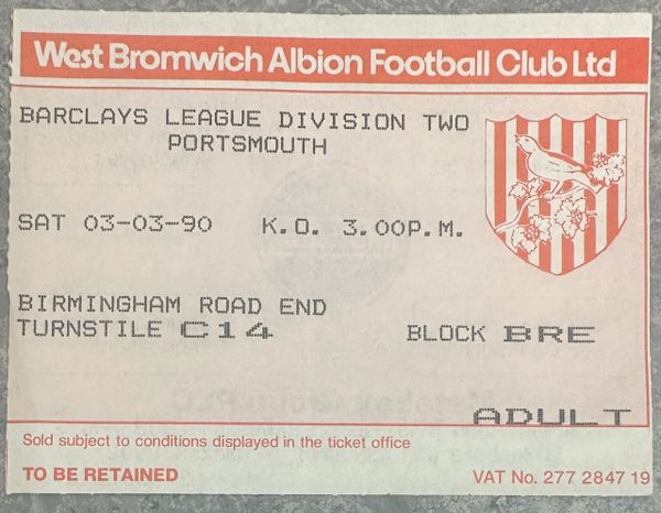1989/90 ORIGINAL DIVISION TWO TICKET WEST BROMWICH ALBION V PORTSMOUTH