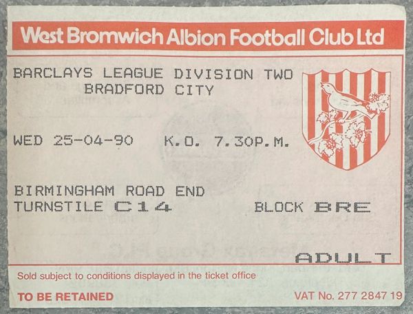 1989/90 ORIGINAL DIVISION TWO TICKET WEST BROMWICH ALBION V BRADFORD CITY