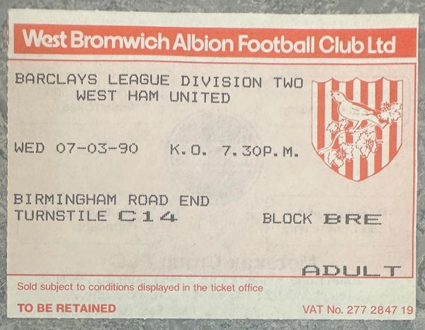 1989/90 ORIGINAL DIVISION TWO TICKET WEST BROMWICH ALBION V WEST HAM UNITED