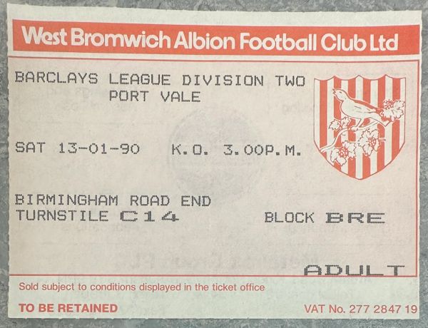 1989/90 ORIGINAL DIVISION TWO TICKET WEST BROMWICH ALBION V PORT VALE