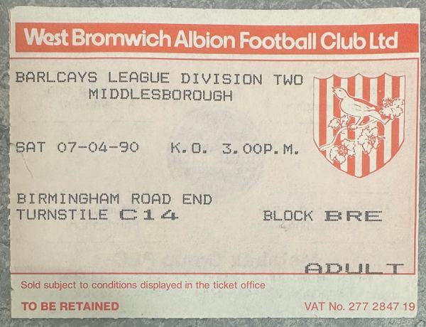 1989/90 ORIGINAL DIVISION TWO TICKET WEST BROMWICH ALBION V MIDDLESBROUGH