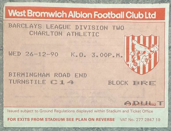 1990/91 ORIGINAL DIVISION TWO TICKET WEST BROMWICH ALBION V CHARLTON ATHLETIC