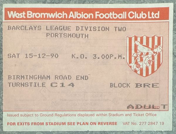 1990/91 ORIGINAL DIVISION TWO TICKET WEST BROMWICH ALBION V PORTSMOUTH