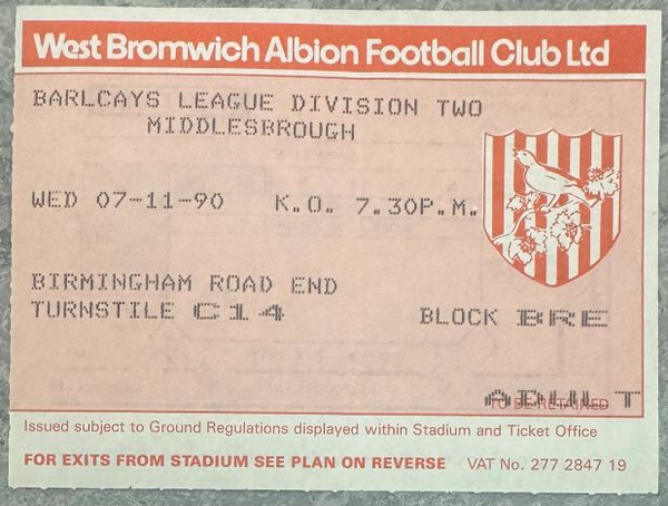 1990/91 ORIGINAL DIVISION TWO TICKET WEST BROMWICH ALBION V MIDDLESBROUGH