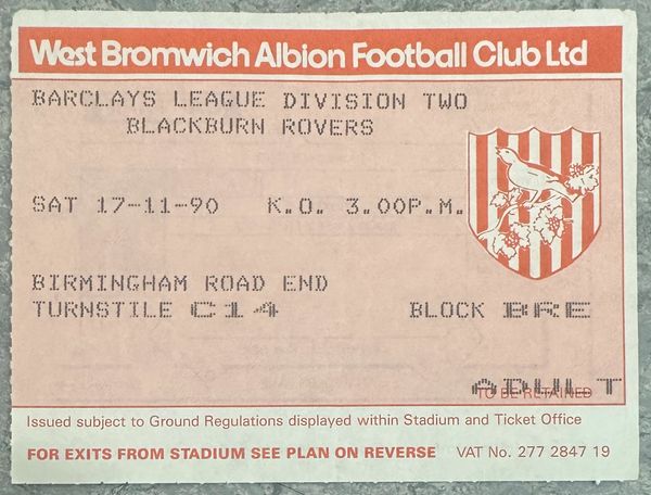 1990/91 ORIGINAL DIVISION TWO TICKET WEST BROMWICH ALBION V BLACKBURN ROVERS