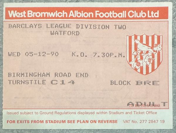 1990/91 ORIGINAL DIVISION TWO TICKET WEST BROMWICH ALBION V WATFORD