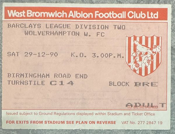 1990/91 ORIGINAL DIVISION TWO TICKET WEST BROMWICH ALBION V WOLVERHAMPTON WANDERERS