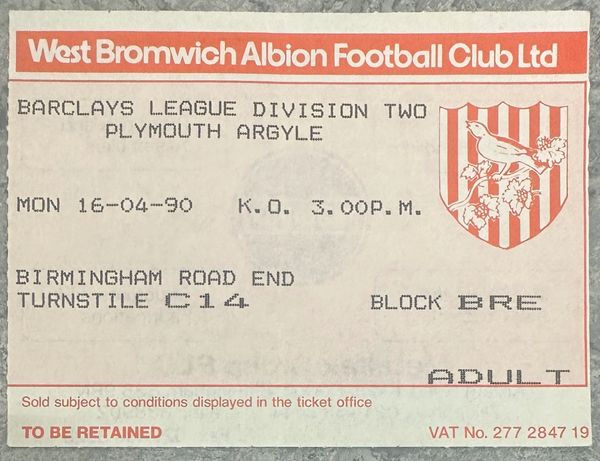1989/90 ORIGINAL DIVISION TWO TICKET WEST BROMWICH ALBION V PLYMOUTH ARGYLE