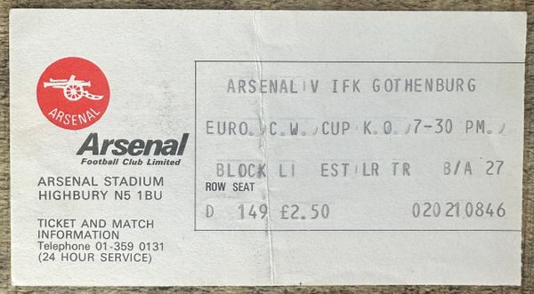 1979/80 ORIGINAL EUROPEAN CUP WINNERS CUP QUARTER FINAL 1ST LEG TICKET ARSENAL V IFK GOTHENBURG