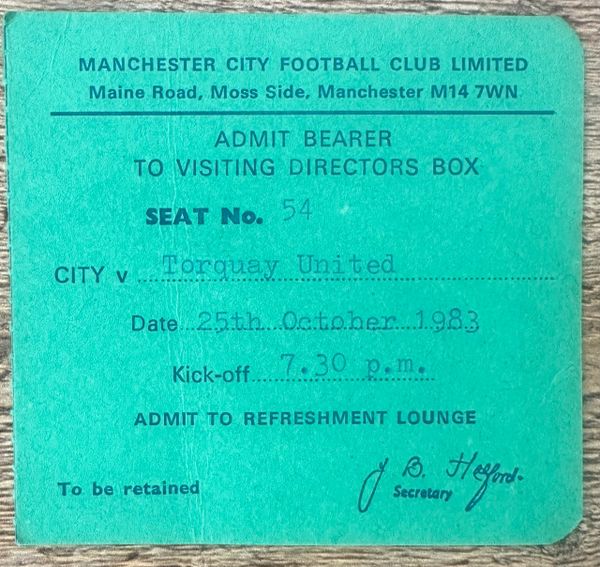 1983/84 ORIGINAL MILK CUP 2ND ROUND 2ND LEG DIRECTORS BOX TICKET MANCHESTER CITY V TORQUAY UNITED