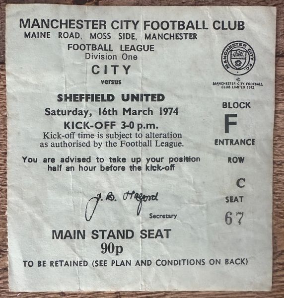 1973/74 ORIGINAL DIVISION ONE TICKET MANCHESTER CITY V SHEFFIELD UNITED