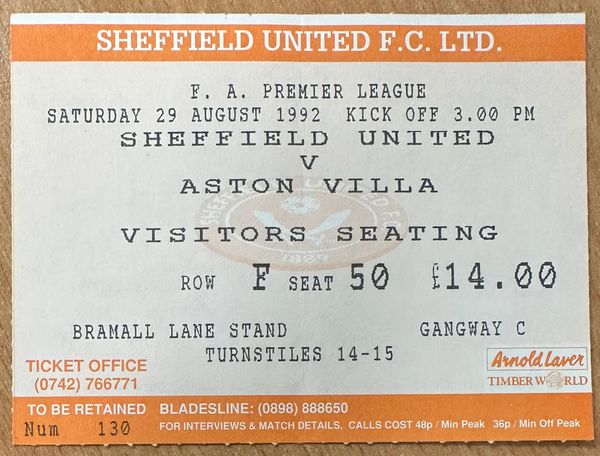 1992/93 ORIGINAL FA PREMIER LEAGUE TICKET SHEFFIELD UNITED V ASTON VILLA (VISITORS END)