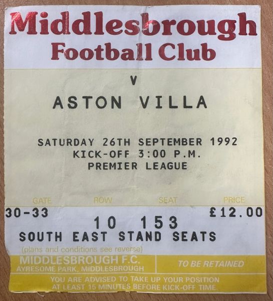 1992/93 ORIGINAL FA PREMIER LEAGUE TICKET MIDDLESBROUGH V ASTON VILLA