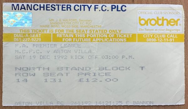 1992/93 ORIGINAL FA PREMIER LEAGUE TICKET MANCHESTER CITY V ASTON VILLA