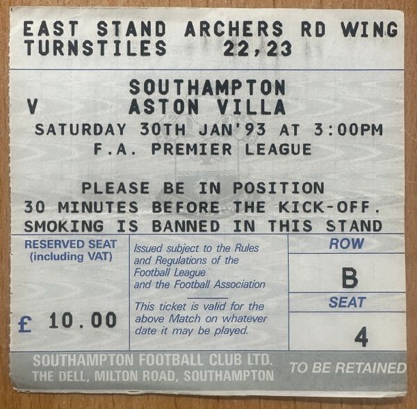 1992/93 ORIGINAL FA PREMIER LEAGUE TICKET SOUTHAMPTON V ASTON VILLA