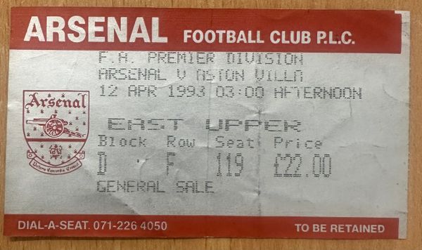 1992/93 ORIGINAL FA PREMIER LEAGUE TICKET ARSENAL V ASTON VILLA