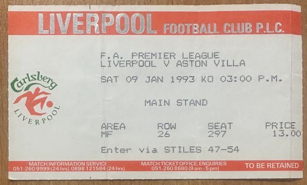 1992/93 ORIGINAL FA PREMIER LEAGUE TICKET LIVERPOOL V ASTON VILLA