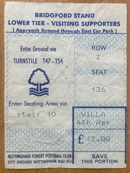 1992/93 ORIGINAL FA PREMIER LEAGUE TICKET NOTTINGHAM FOREST V ASTON VILLA (VISITORS END)