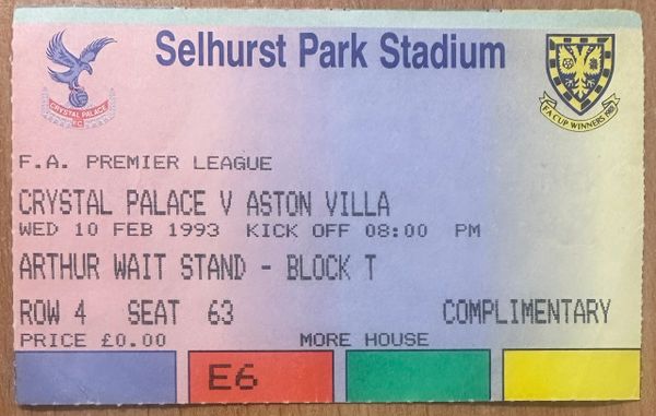 1992/93 ORIGINAL FA PREMIER LEAGUE TICKET CRYSTAL PALACE V ASTON VILLA