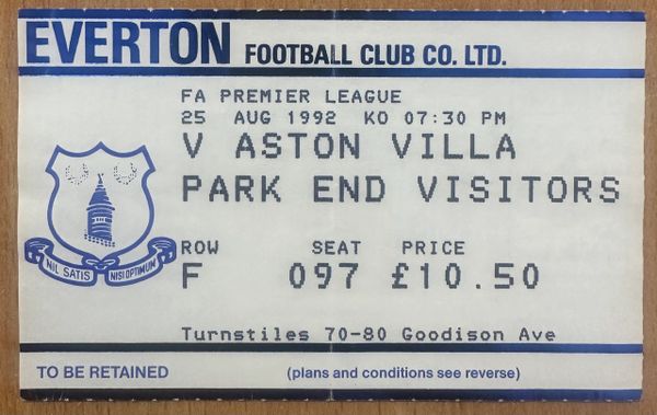 1992/93 ORIGINAL FA PREMIER LEAGUE TICKET EVERTON V ASTON VILLA (VISITORS END)