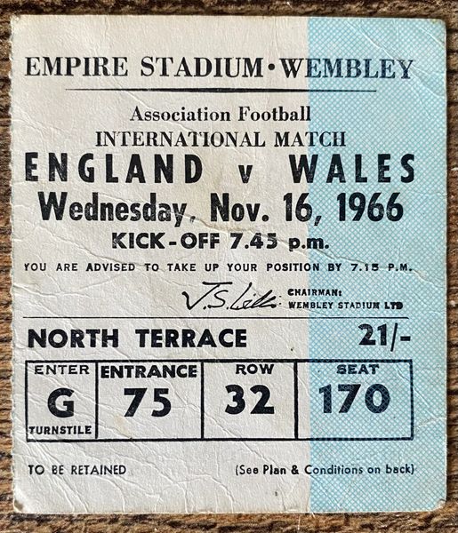 1966 BRITISH HOME INTERNATIONAL CHAMPIONSHIP TICKET ENGLAND V WALES @WEMBLEY